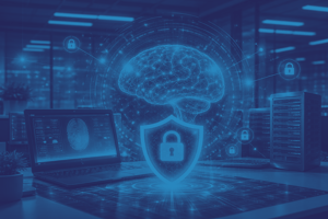AI-powered enterprise cybersecurity environment showing data protection and security infrastructure