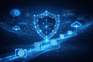 modern cybersecurity roadmap with a digital shield at the center connected to cloud systems, AI analytics, risk monitoring dashboards, and security controls across a network infrastructure